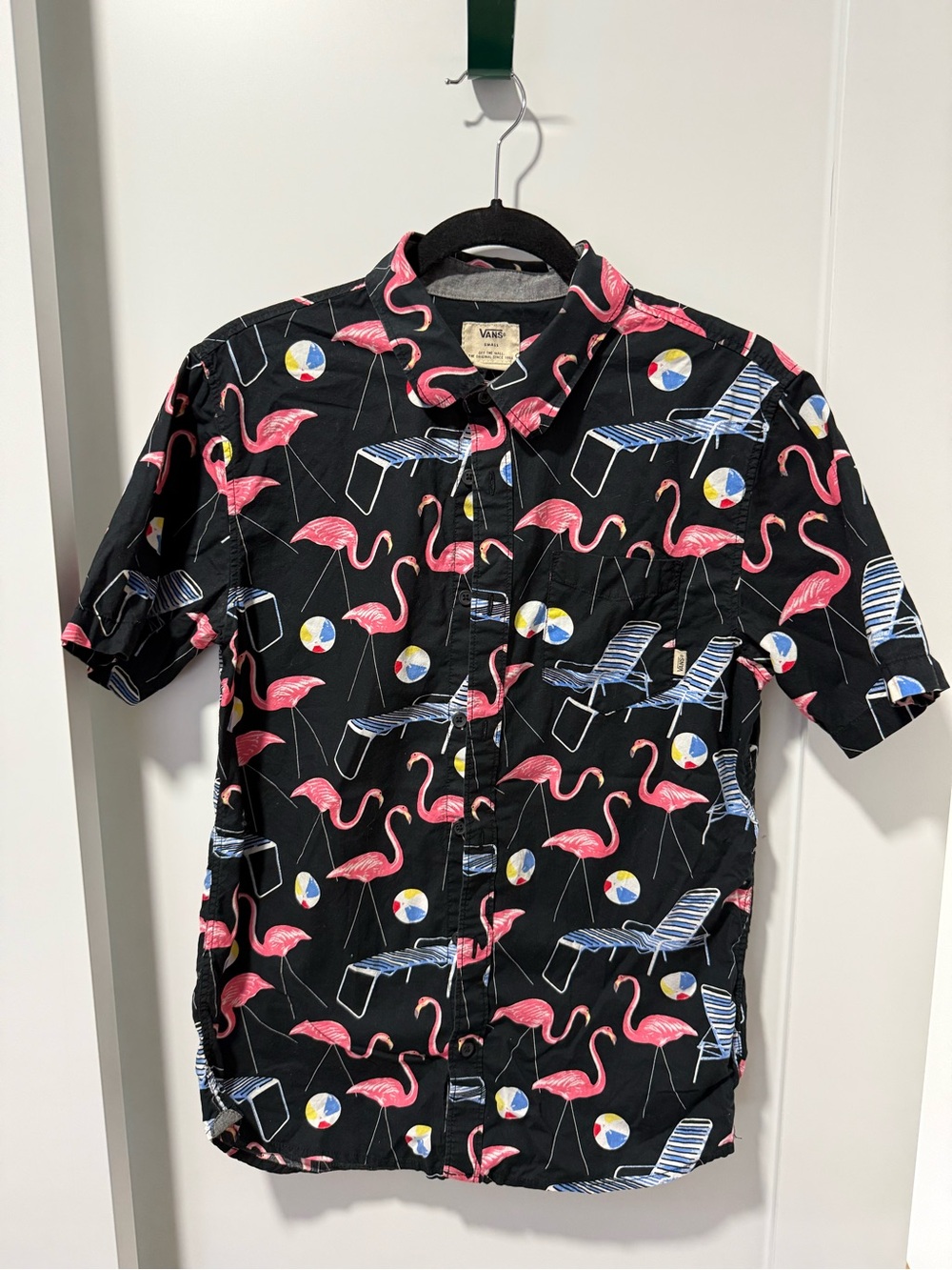Vans Black Short-Sleeve Button-Up with Pink Flamingo and Beachball Print